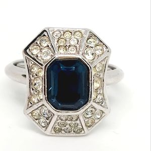 Attwood and Sawyer A&S Art Deco Style Blue Faux Sapphire Halo Ring Silver Tone 6